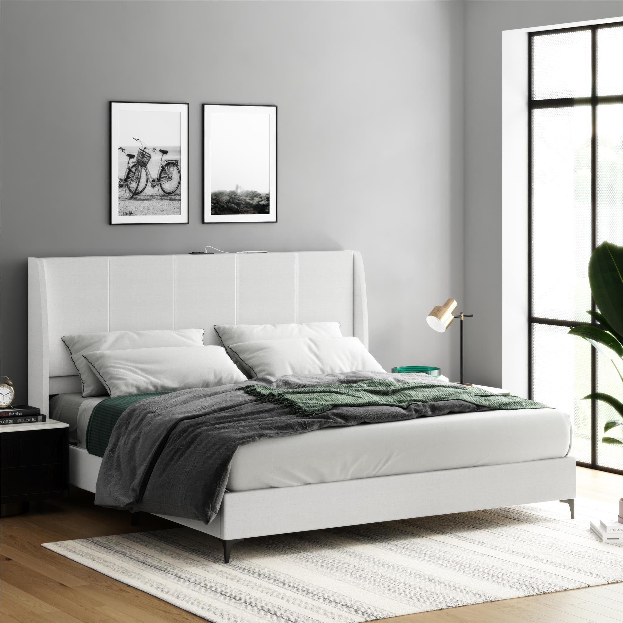 DHP Lamora Upholstered Wingback Bed Frame with USB, King, Light Gray Linen