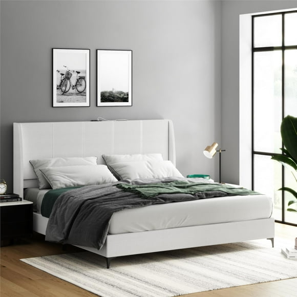 DHP Lamora Upholstered Wingback Bed Frame with USB, King, Light Gray Linen