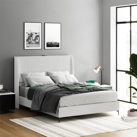 DHP Lamora Upholstered Wingback Bed Frame with USB, Queen, Light Gray Linen