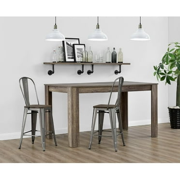 DHP Luxor 24" Metal Counter Height Bar Stool with Wood Seat, Gun Metal, Set of 2