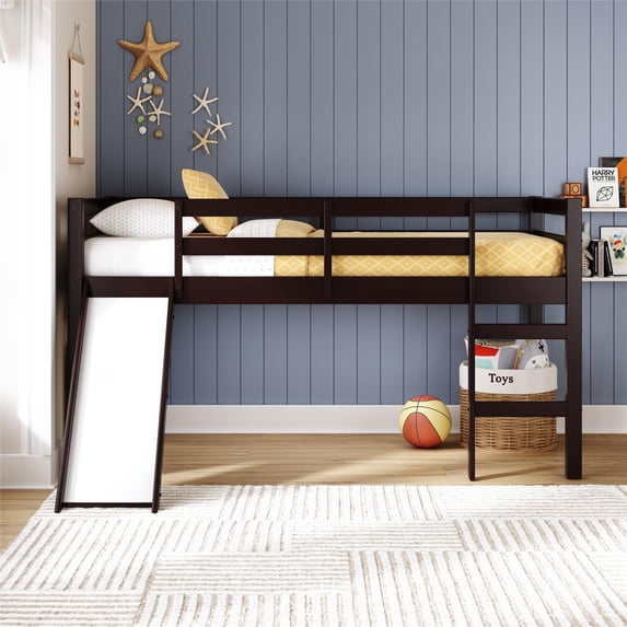 DHP Milton Kids' Low Loft Bed with Slide, Twin, Brown