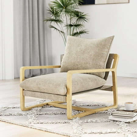 DHP Mira Upholstered Sling Accent Chair, Ivory Linen/Natural Frame