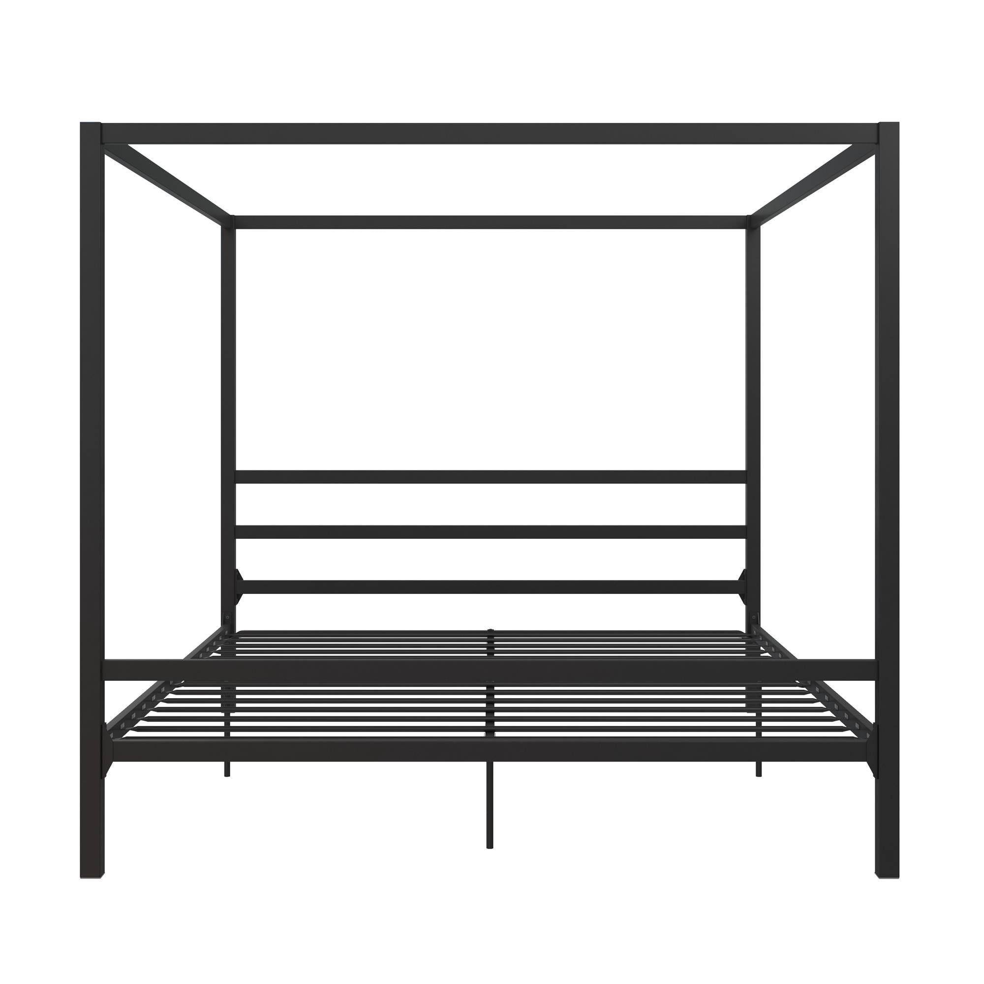 King Black Metal Canopy Bed Frame with Headboard and Slats