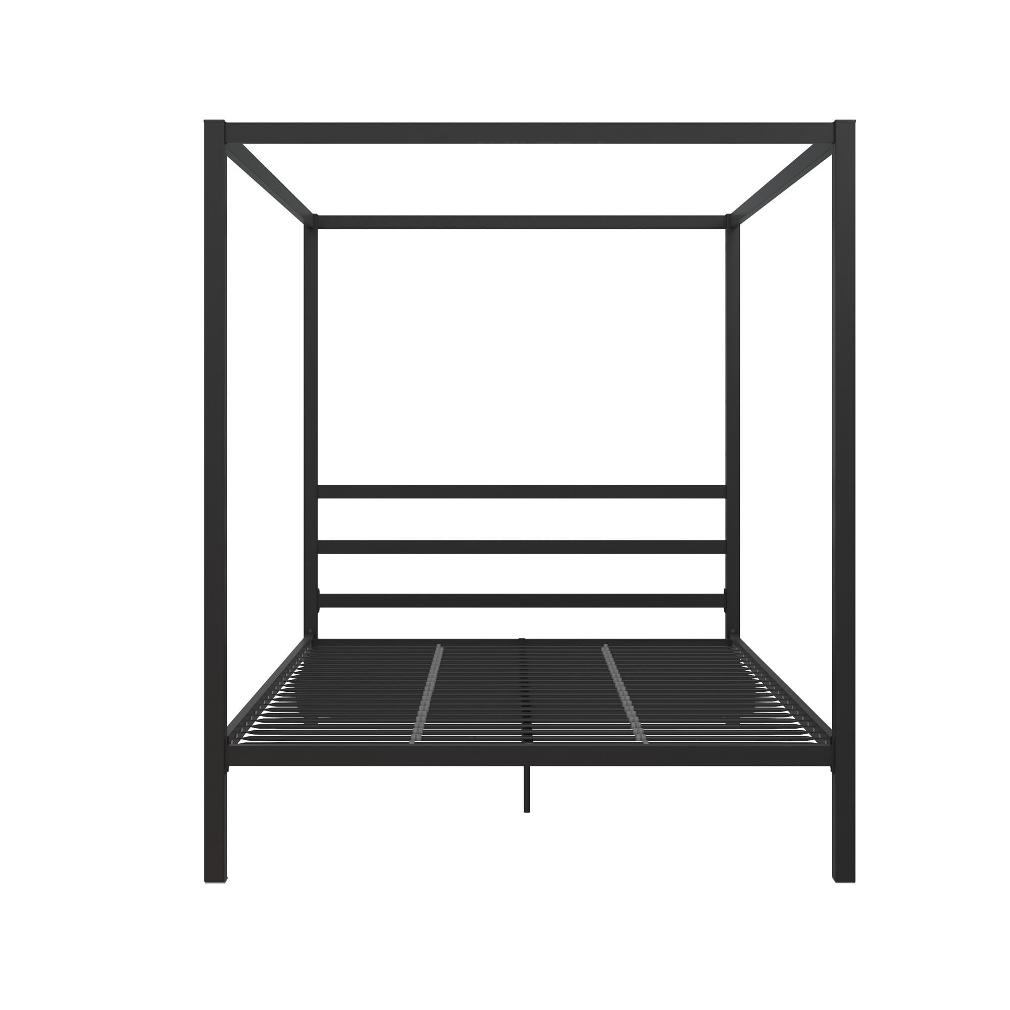 Queen Black Metal Canopy Platform Bed with Headboard and Slats