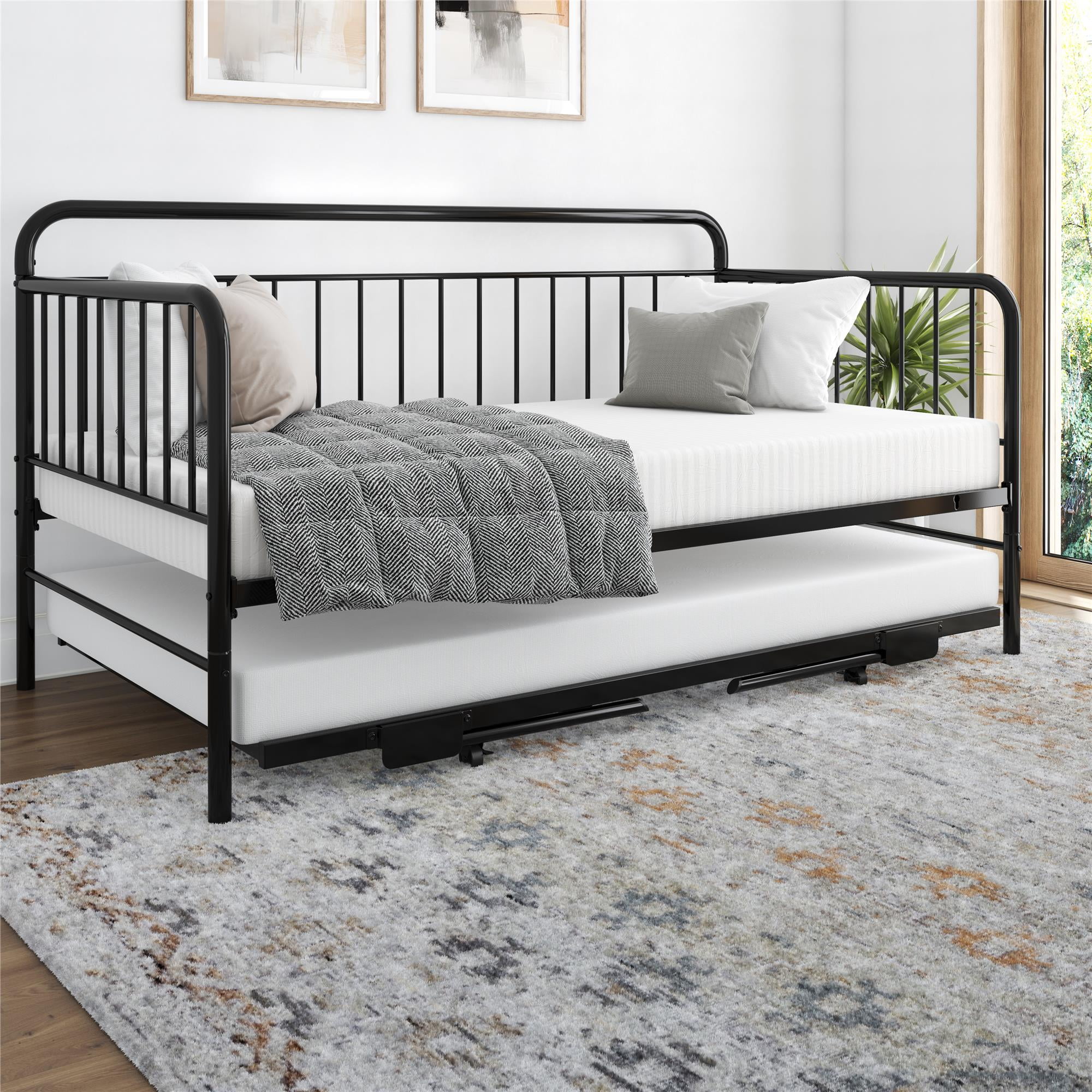 DHP Oddny Metal Daybed with Pop Up Trundle Bed Black Twin