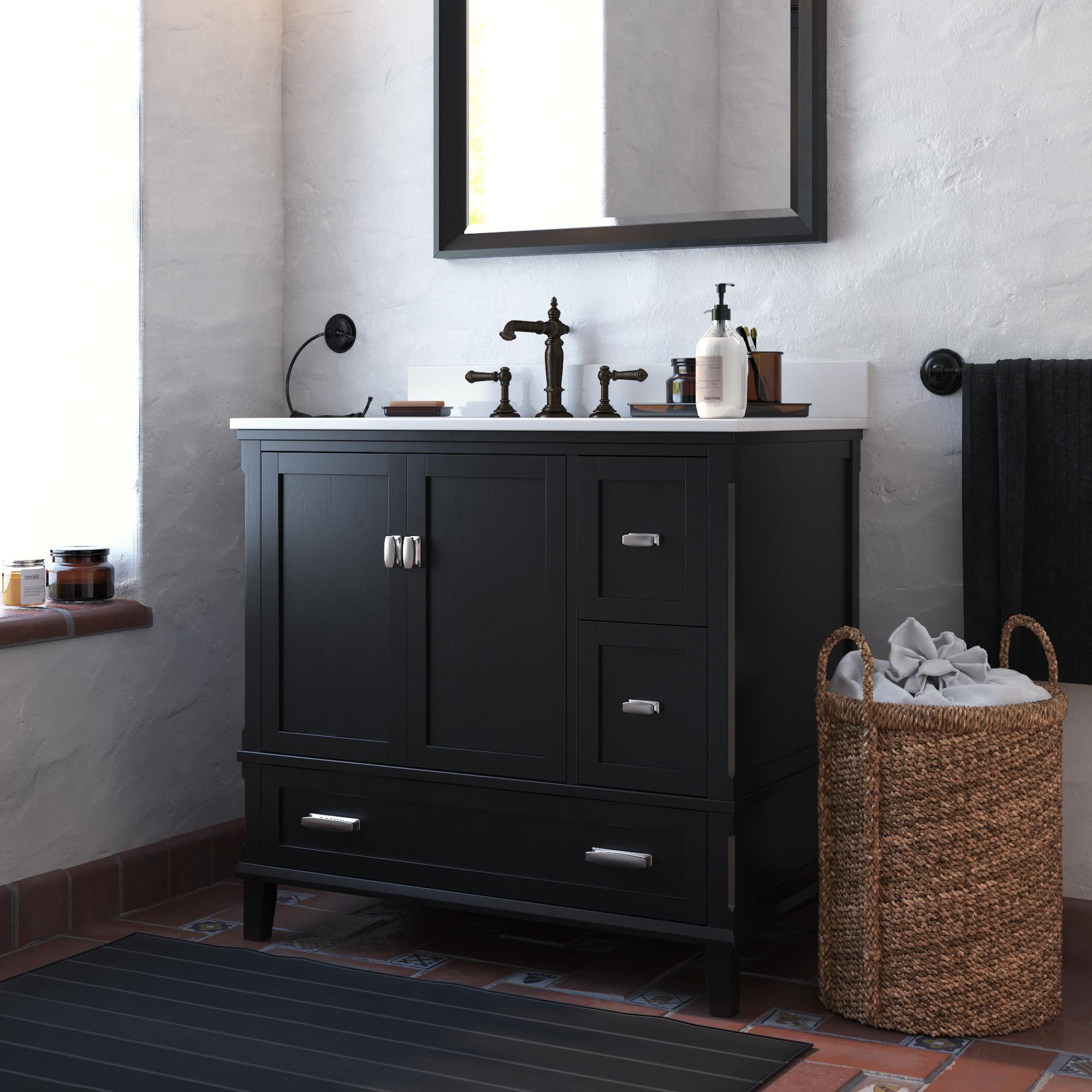 DHP Maine 36 Inch Bathroom Vanity with Carrera Countertop and Rectangular  Ceramic Sink, White/Black 