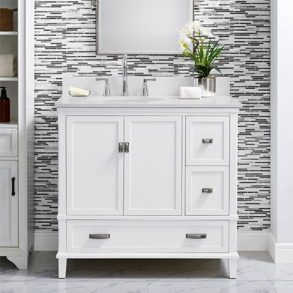 DHP Otum 36 Inch Bathroom Vanity with Sink, White Wood