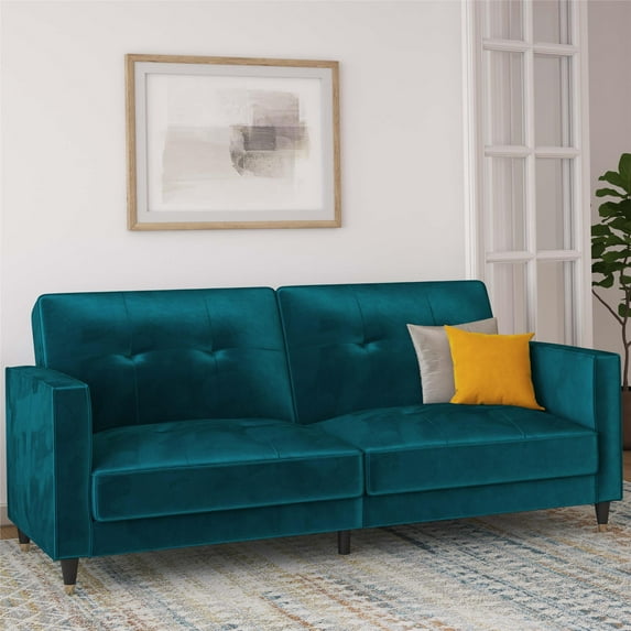 DHP Penelope Futon Sleeper Sofa with Gold Tipped Black Legs, Green Velvet