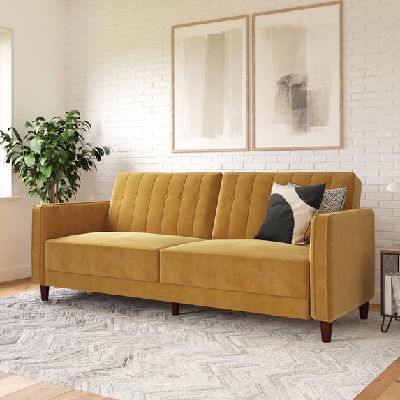 DHP Pin Tufted Transitional Futon, Mustard Yellow Velvet