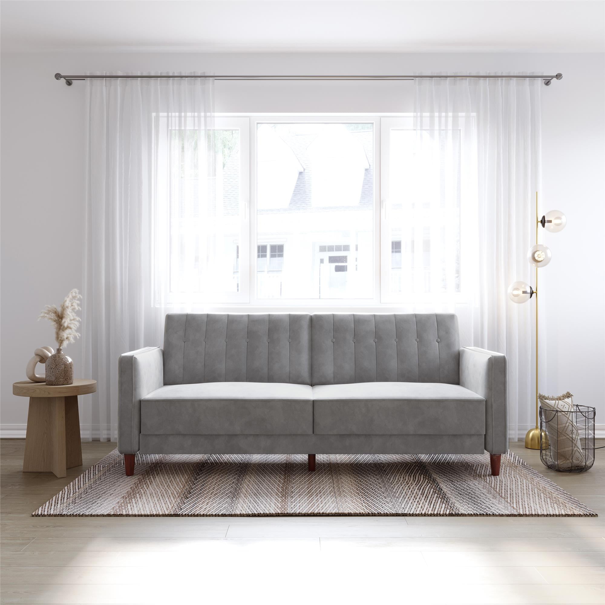 DHP Pin Tufted Transitional Futon and Sofa Bed, Light Gray Velvet