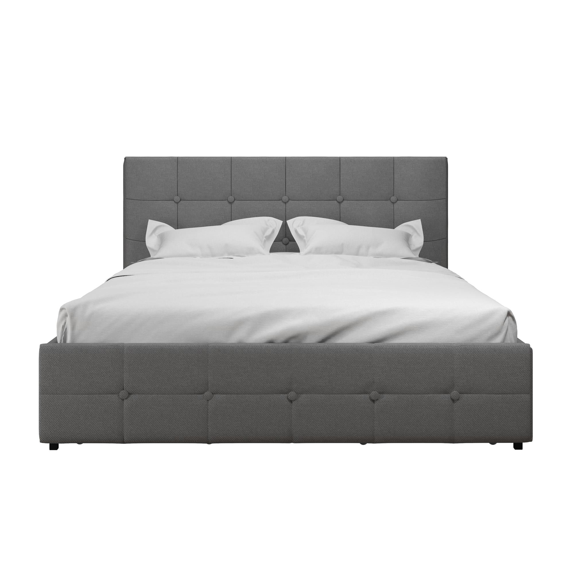 Gray Linen Upholstered Queen Bed with Storage Drawers