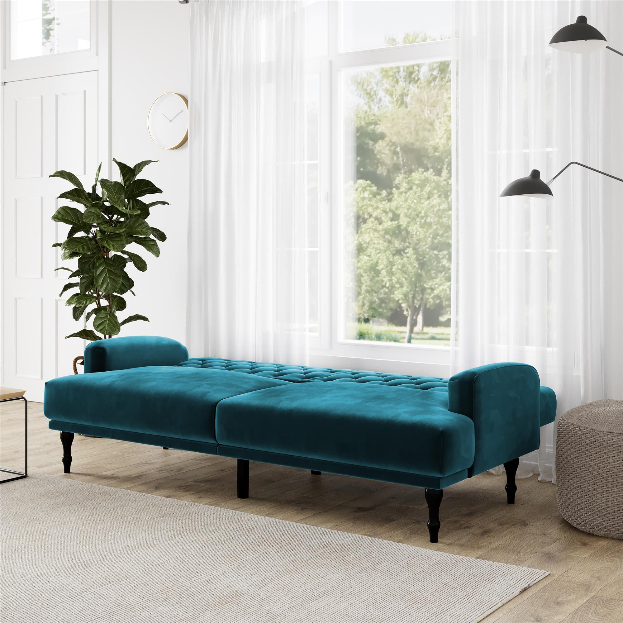 DHP Ruby Upholstered Futon, Convertible Sofa Bed & Couch, Green Velvet