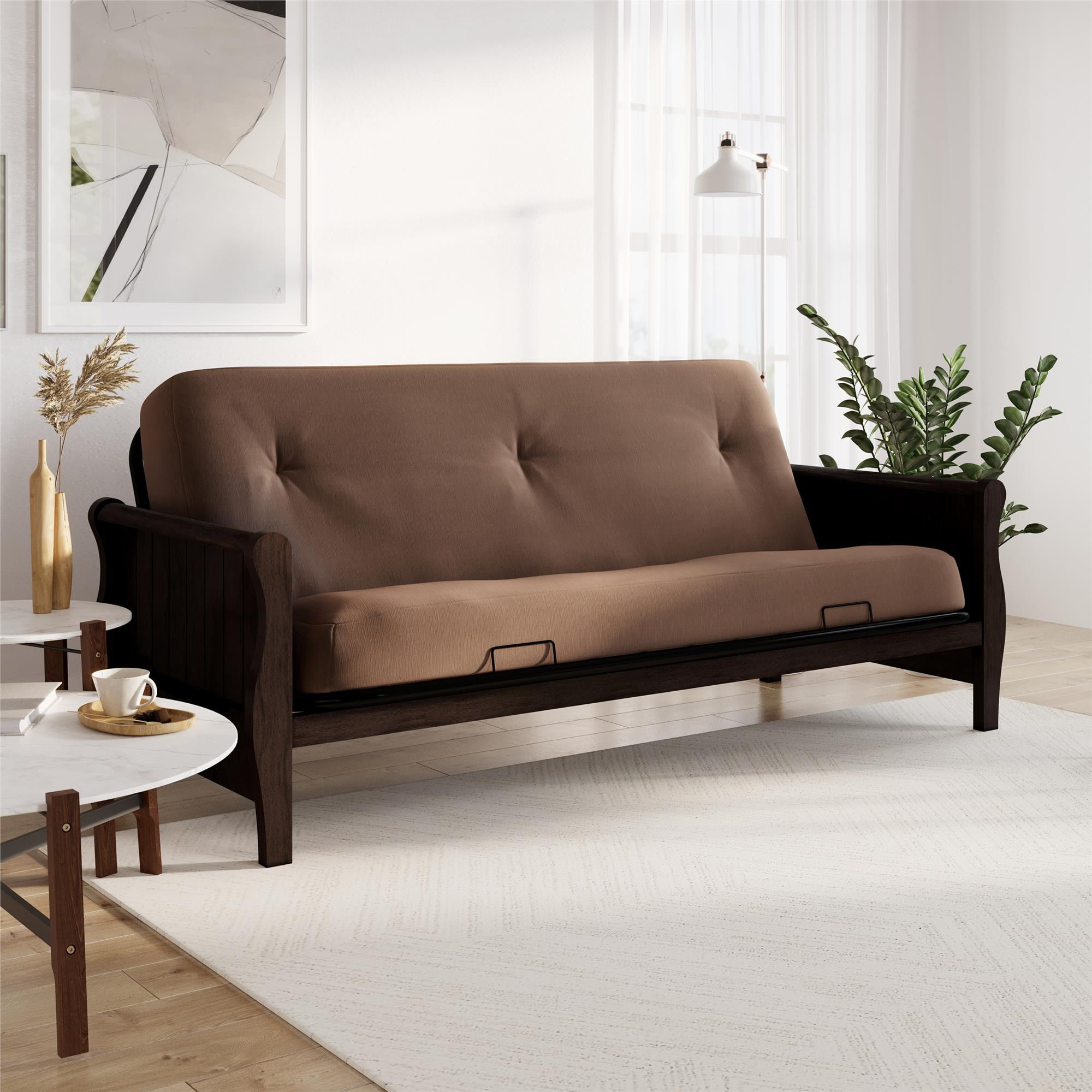DHP Demson Full Size Espresso Wood Arm Futon Frame with Side Storage
