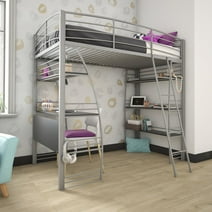 DHP Sage Studio Twin Metal Loft Bed with Integrated Desk and Shelves, Silver