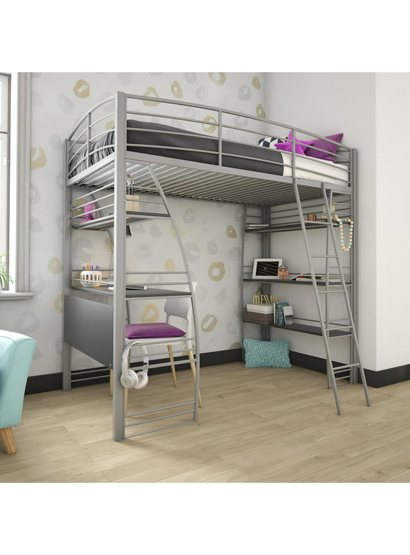 DHP Sage Studio Twin Metal Loft Bed with Integrated Desk and Shelves, Silver