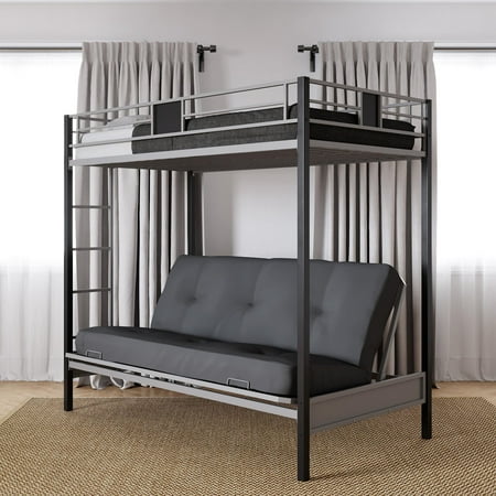 DHP Silver Screen Twin over Futon Metal Bunk Bed, Silver/Black