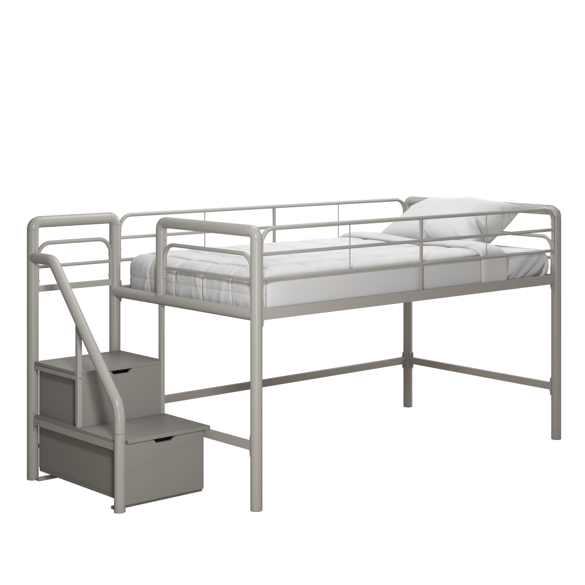 DHP Sol Junior Twin Metal Loft Bed with Storage Steps, Silver