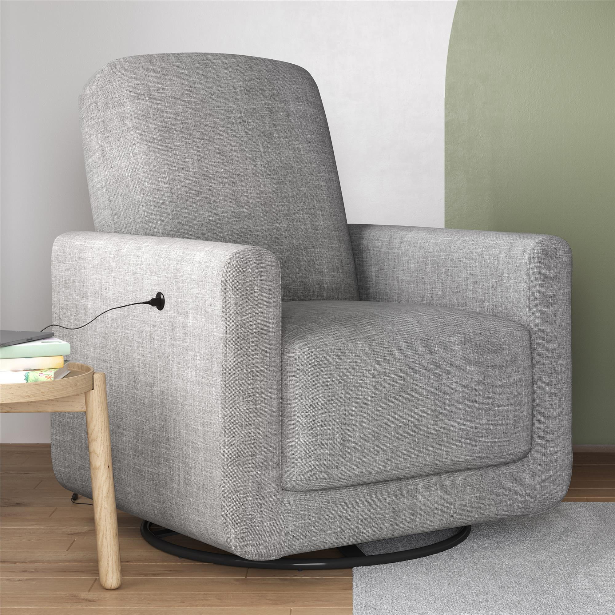 Gray Linen Swivel Accent Chair with USB Charger and Black Base
