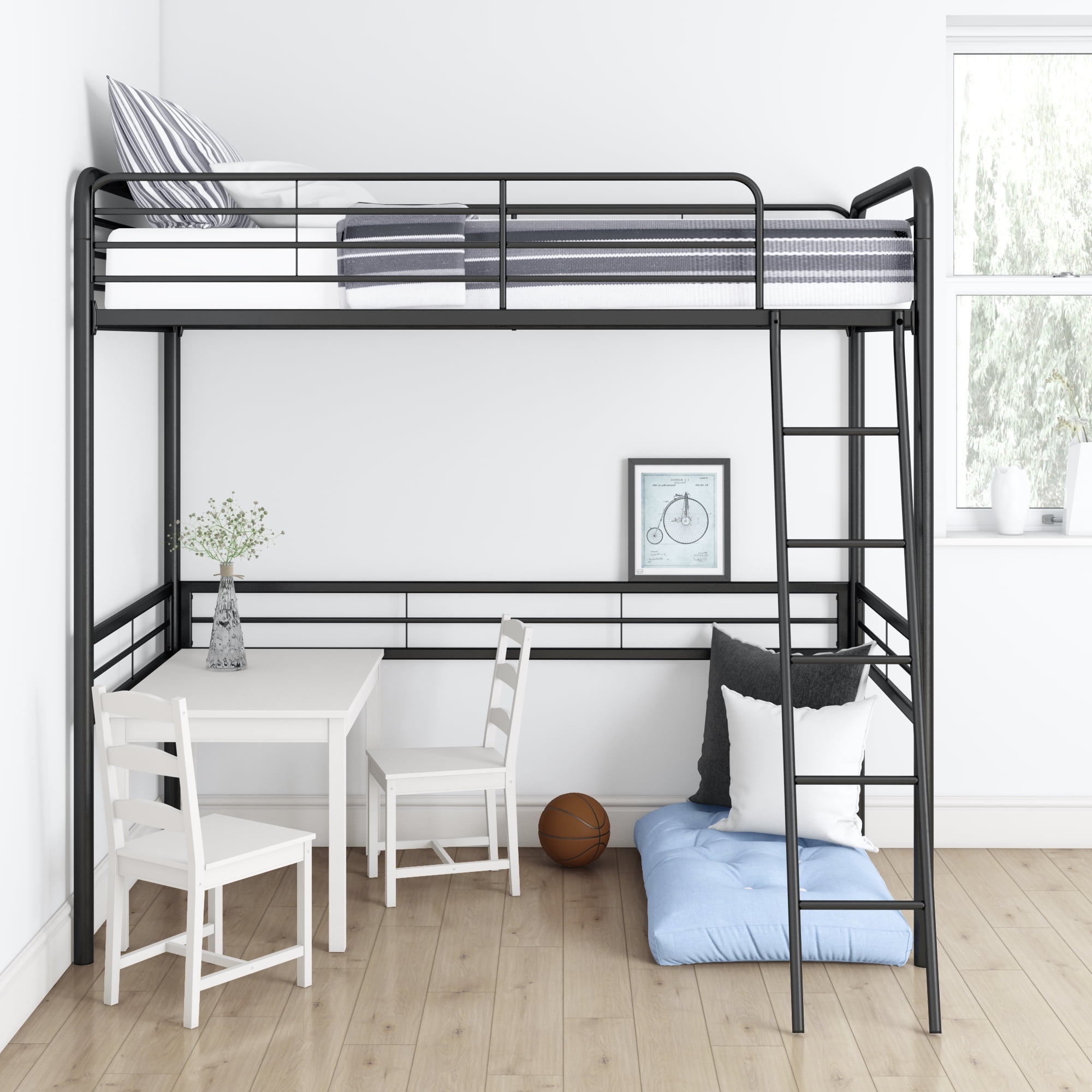 Black Twin Metal Loft Bed with Guard Rails and Ladder
