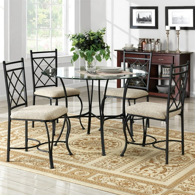 DHP Traditional 5-Piece Metal Dining Set, Glass Top Round Table and 4 Upholstered Seat Chairs