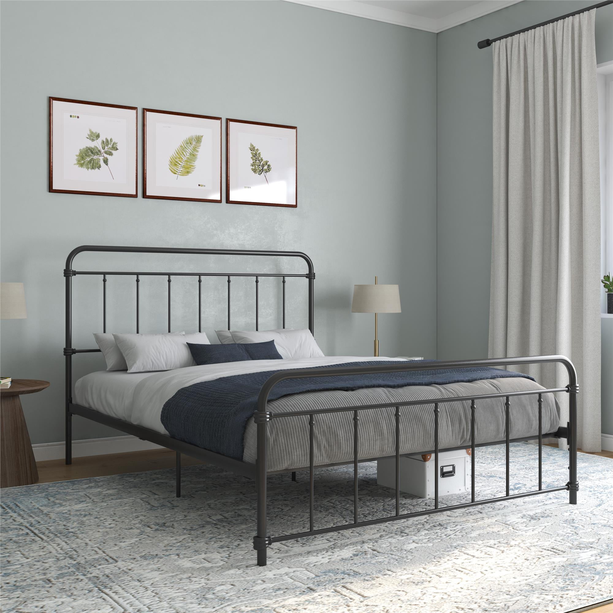 Wallace Black Metal Queen Platform Bed with Headboard and Slats