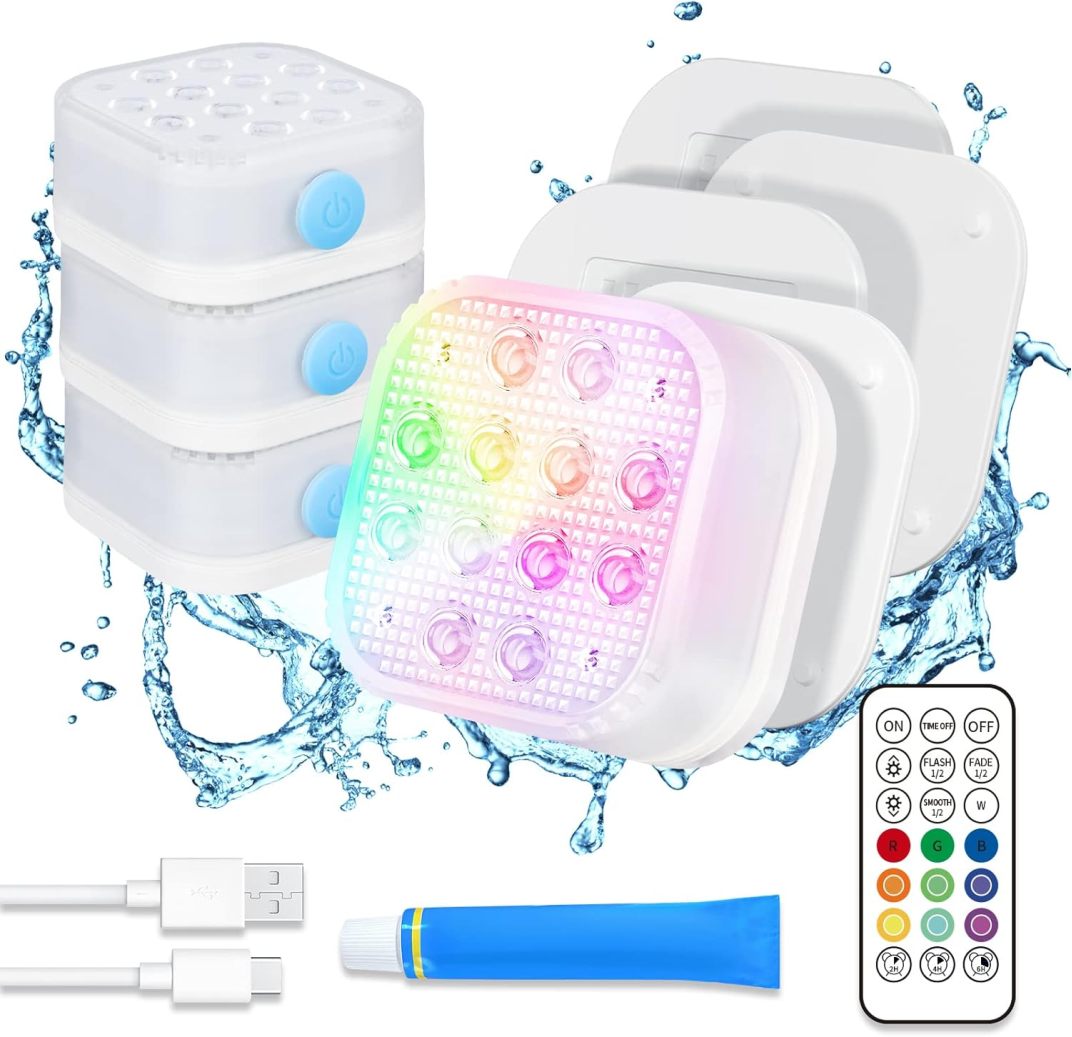 Rechargeable Submersible Pool Lights 4-Pack – Remote Control, IP68 Waterproof, 3000mAh Battery, Magnetic Mount – Color Changing RGB For Above/In-Ground Pools