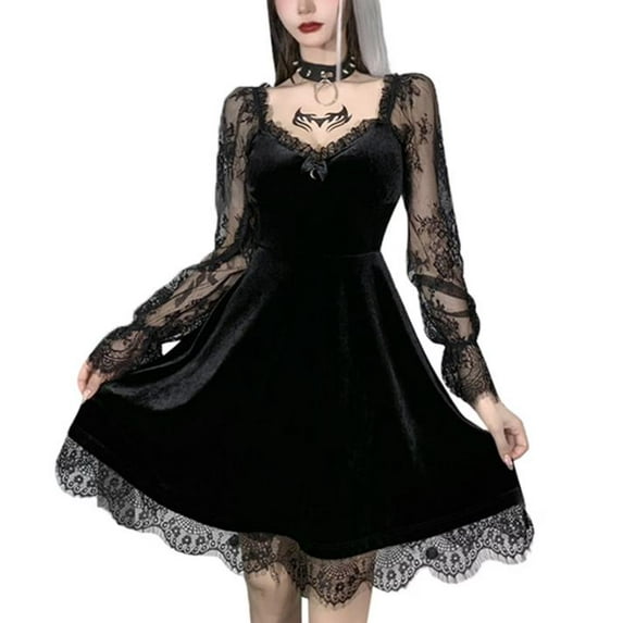 DHXXH High-Quality Dress Women Gothic Dress Vintage Velvet Mini Dress Elegant Lace Tirm High Waist Dress Goth Punk Dark Fairy Grunge Dress