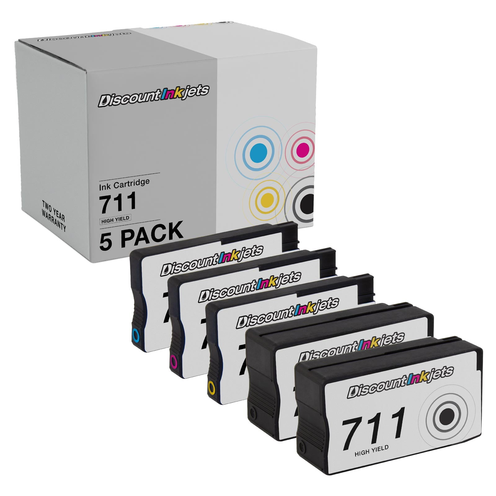 DI 5pk DesignJet Set Ink Cartridge Replacements for HP 711 2 B, 1 C, M, Y Compatible with HP DesignJet: T120, T125, T130, T520, T525 24In, T525 36In, T530 24In, T530 36In