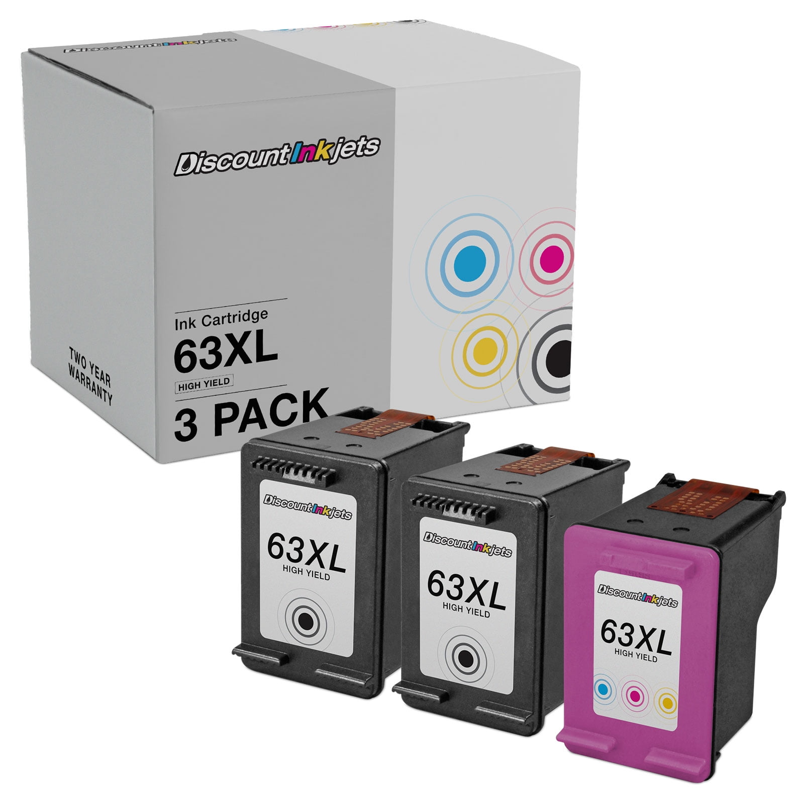 DI Ink Cartridge Replacement for HP 63XL High Yield (2 Black, 1 Color, 3-Pack) Compatible with HP Deskjet: 1110, 1111, 1112, 2130, 2131, 2132, 2133, 2134, 2136, 3630, 3631, 3632, 3633, 3634, 3635
