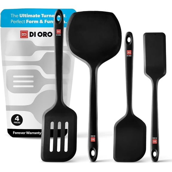 DI ORO Silicone Turner Spatula Set - Kitchen Spatulas for Nonstick Cookware - Cooking Utensils for Flipping Eggs & Pancakes - 600F Heat-Resistant BPA Free Turners - Dishwasher Safe (4pc, Black) Y101