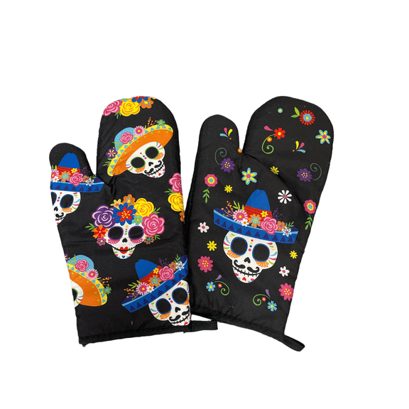 DIA DE LOS MUERTOS DAY OF THE DEAD SUGAR SKULL KITCHEN OVEN MITTEN SET OF 2 PIECES