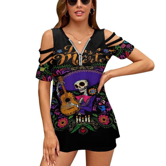 DIA DE LOS MUERTOS Mexico Womens Summer V Neck Zipper Top Short Sleeve T Shirt Off Shoulder Top Casual Classy Loose Shirts