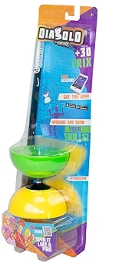 DIABOLO by Funtrix, Spin Like a Pro, Beginner to Expert Levels, Strong Fiberglass Sticks, Comfortable Foam Handles, Durable Braded Cord, Funtrix App Included, 30 Tricks, Green & Yellow, Ages 6+