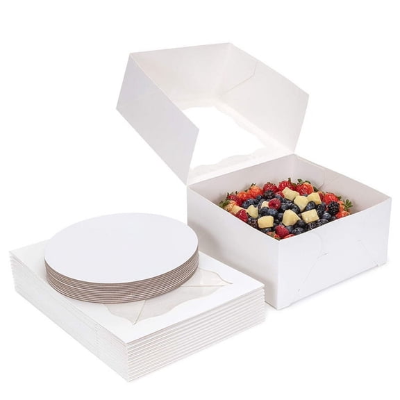 SOPOTUTU White Paper Cake Boxes with Clear Window and Sturdy Board, 4pcs Small Round Cake Containers for Wedding Parties