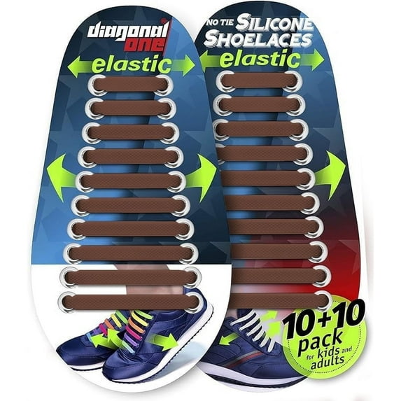 Diagonal One No Tie Shoelaces for Kids & Adults, Elastic Silicone Shoe Laces, 16 Slip On Tieless Flat Silicon Sneakers (Brown)