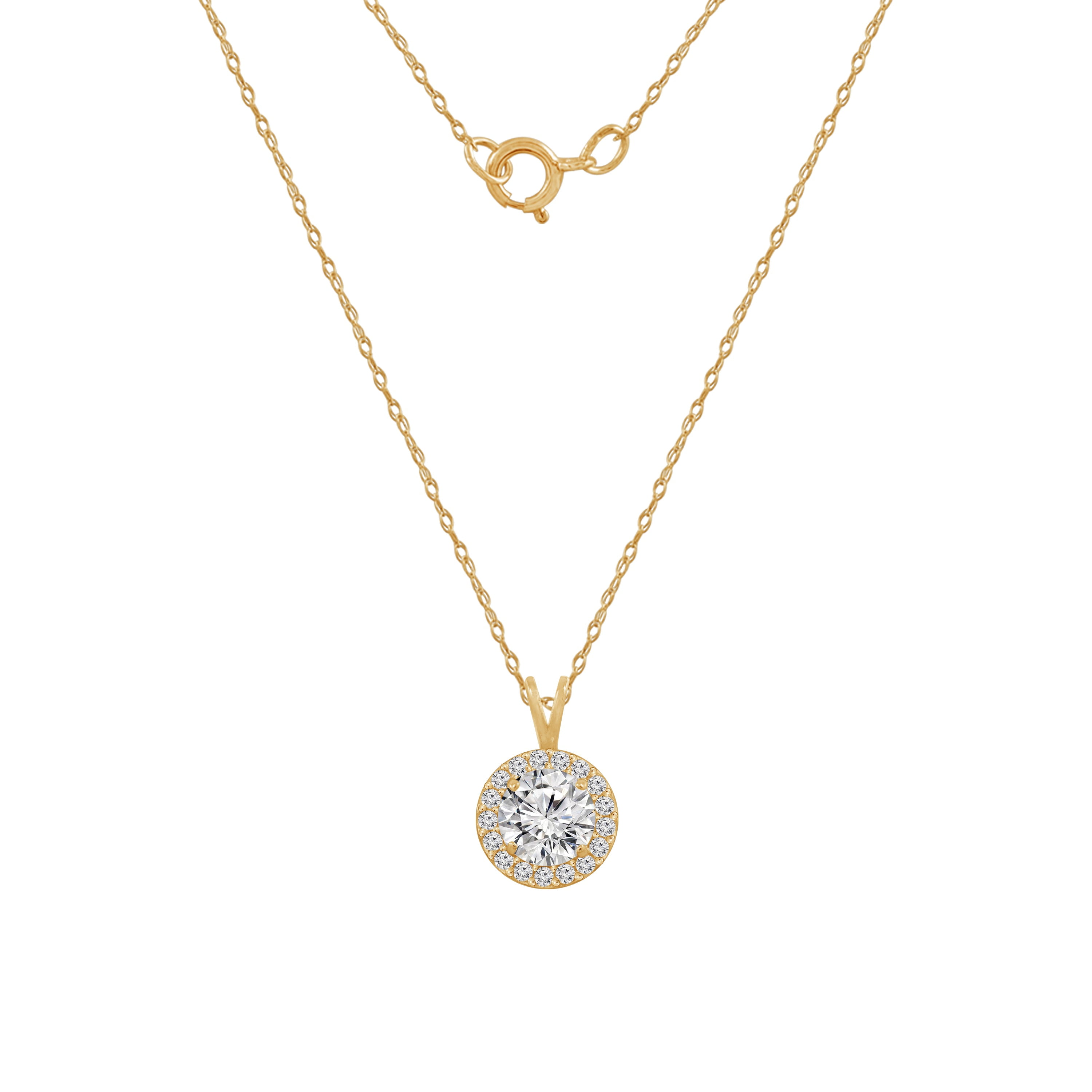 DIAMONBLISS 10K Real Solid Gold Halo Necklace for Women | 10K Yellow Gold Round Halo Pendant Necklace | 3 Carat Cubic Zirconia CZ Diamond Simulant