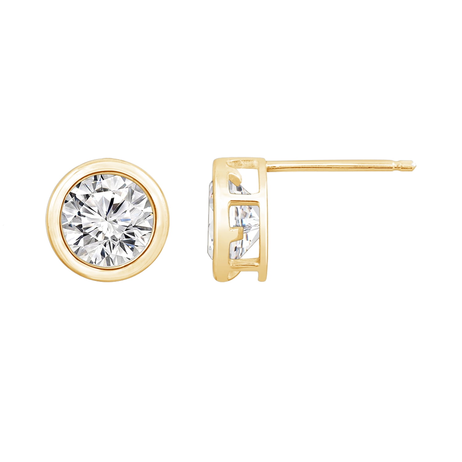 DIAMONBLISS 10K Real Solid Gold Solitaire Earrings for Women | 10K Yellow Gold Bezel Round Cut Studs | 2 Carat Cubic Zirconia CZ Diamond Simulant
