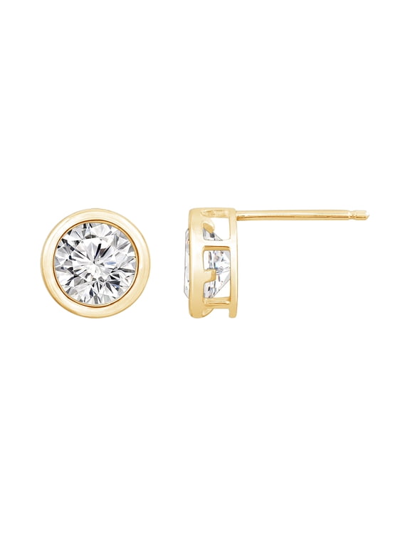 10K Real Solid Gold Solitaire Earrings for Women | 10K Yellow Gold Bezel Round Cut Studs | 3 Carat Cubic Zirconia CZ Diamond Simulant