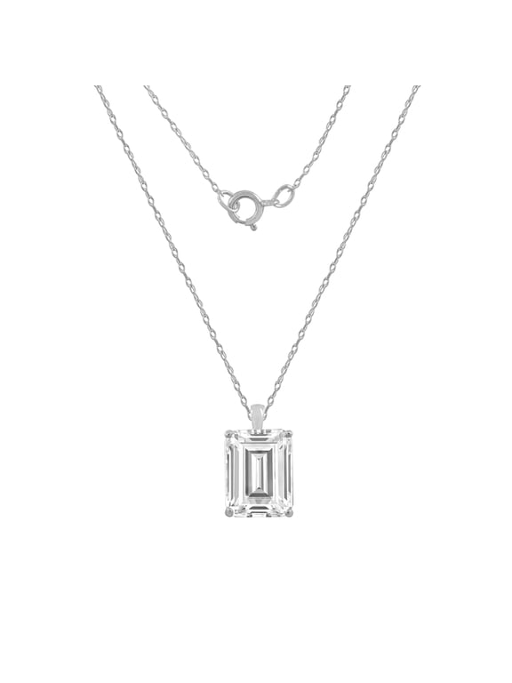 10K Real Solid Gold Solitaire Necklace for Women | 10K White Gold Emerald Cut Pendant Necklace | 2 Carat Cubic Zirconia CZ Diamond Simulant