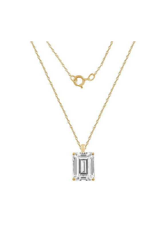 10K Real Solid Gold Solitaire Necklace for Women | 10K Yellow Gold Emerald Cut Pendant Necklace | 3 Carat Cubic Zirconia CZ Diamond Simulant