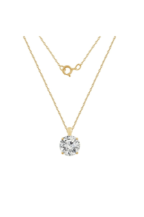 10K Real Solid Gold Solitaire Necklace for Women | 10K Yellow Gold Round Cut Pendant Necklace | 2 Carat Cubic Zirconia CZ Diamond Simulant