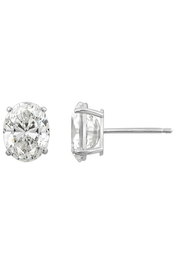10K Real Solid Gold Stud Earrings for Women | 10K White Gold Oval Cut Solitaire Studs | 4 carat Cubic Zirconia CZ Diamond Simulant