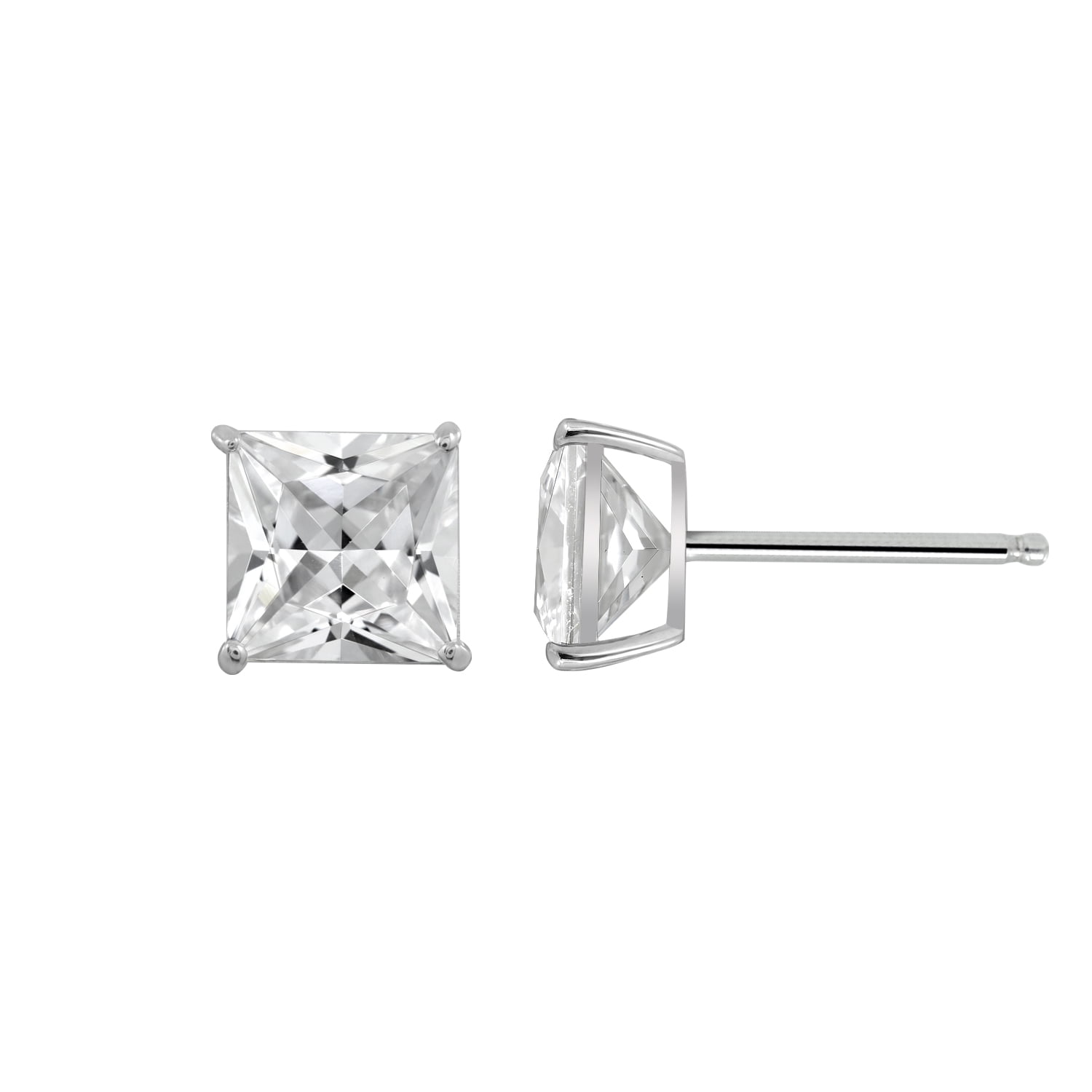 DIAMONBLISS 10K Real Solid Gold Stud Earrings for Women | 10K White Gold Princess Cut Solitaire Studs | 4 carat Cubic Zirconia CZ Diamond Simulant