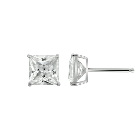 DIAMONBLISS 10K Real Solid Gold Stud Earrings for Women | 10K White Gold Princess Cut Solitaire Studs | 4 carat Cubic Zirconia CZ Diamond Simulant