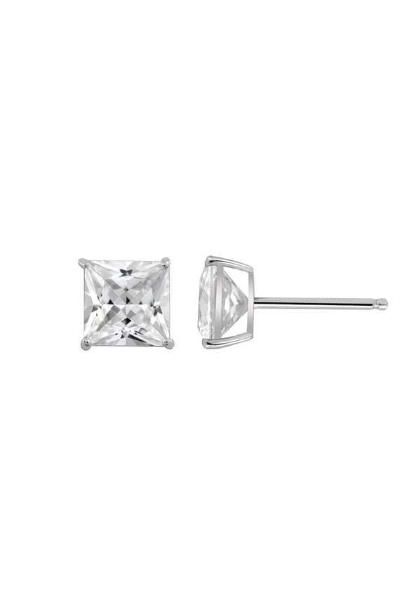 10K Real Solid Gold Stud Earrings for Women | 10K White Gold Princess Cut Solitaire Studs | 4 carat Cubic Zirconia CZ Diamond Simulant