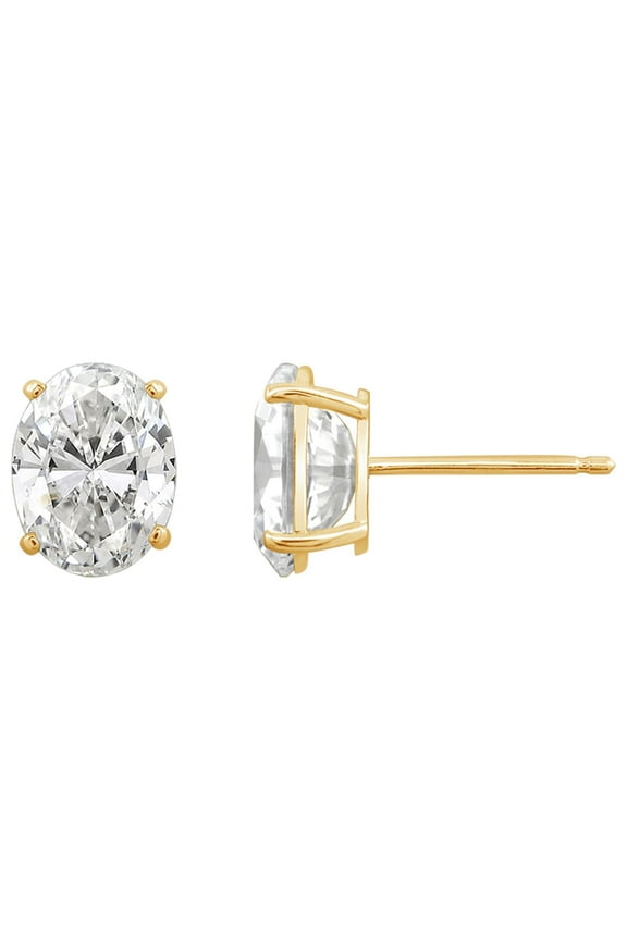 10K Real Solid Gold Stud Earrings for Women | 10K Yellow Gold Oval Cut Solitaire Studs | 2 carat Cubic Zirconia CZ Diamond Simulant