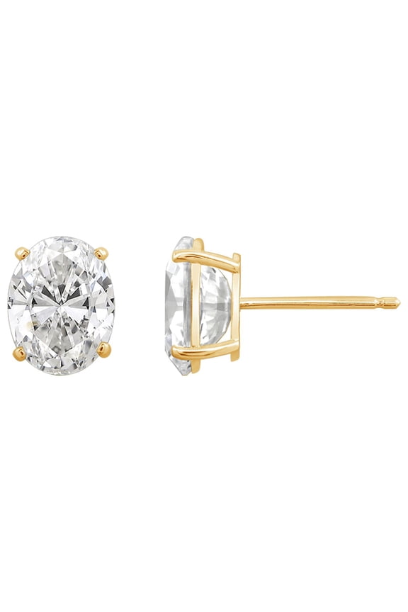 10K Real Solid Gold Stud Earrings for Women | 10K Yellow Gold Oval Cut Solitaire Studs | 3 carat Cubic Zirconia CZ Diamond Simulant