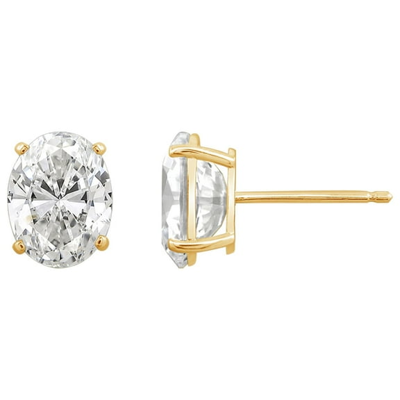 DIAMONBLISS 10K Real Solid Gold Stud Earrings for Women | 10K Yellow Gold Oval Cut Solitaire Studs | 4 carat Cubic Zirconia CZ Diamond Simulant