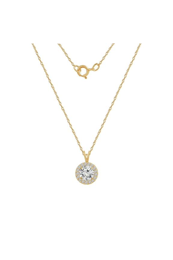 14K Real Solid Gold Halo Necklace for Women | 14K Yellow Gold Round Halo Pendant Necklace | 1 Carat Cubic Zirconia CZ Diamond Simulant