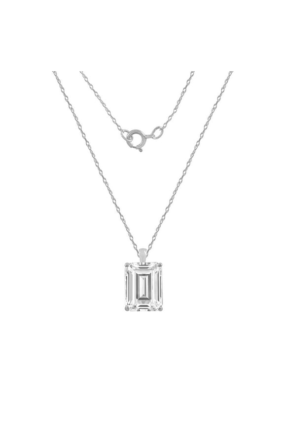 14K Real Solid Gold Solitaire Necklace for Women | 14K White Gold Emerald Cut Pendant Necklace | 3 Carat Cubic Zirconia CZ Diamond Simulant